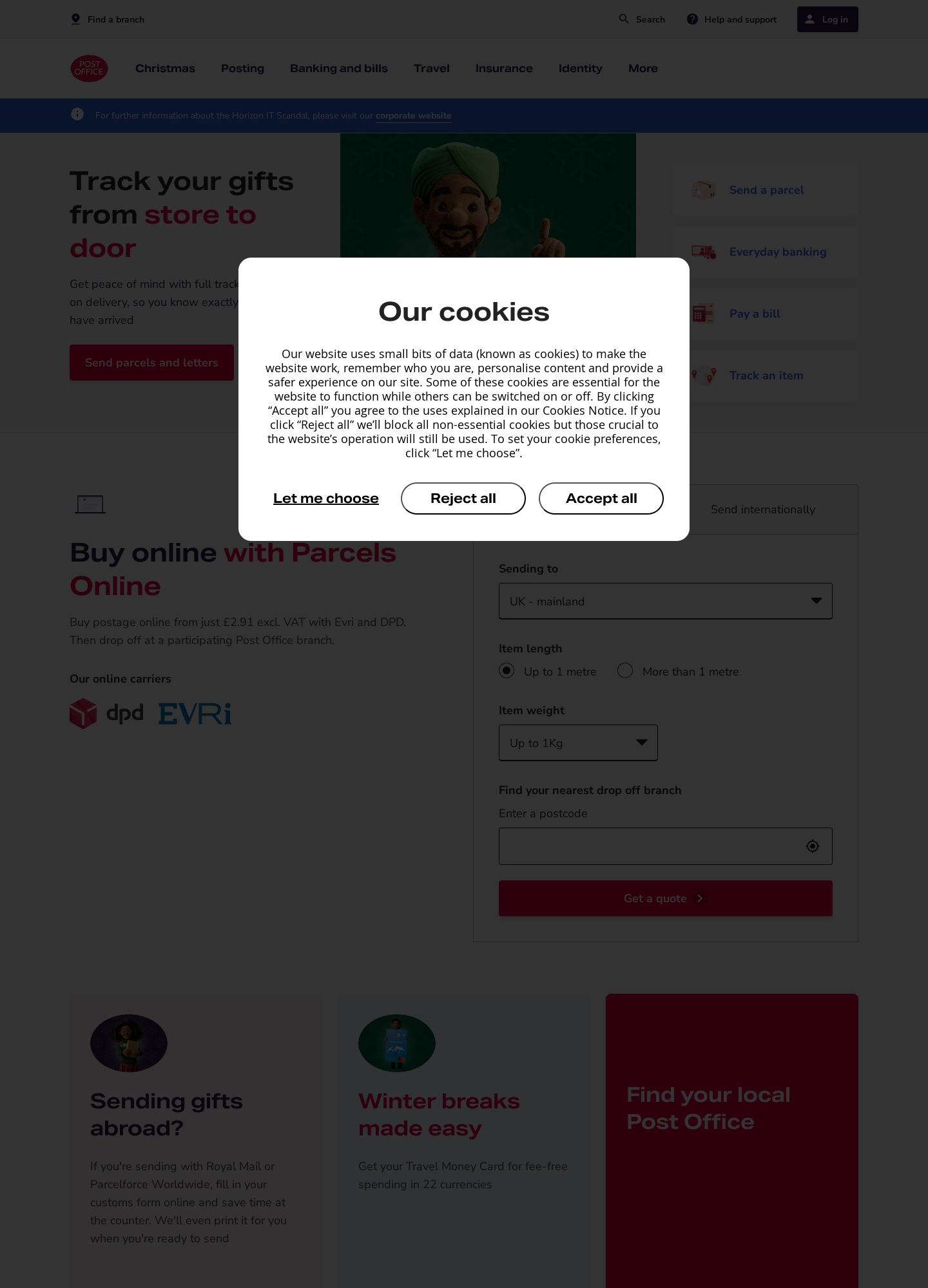 Post Office website without distractions
